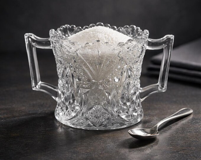 Antique double handled cut glass sugar bowl with sawtooth detail-4” x 6”