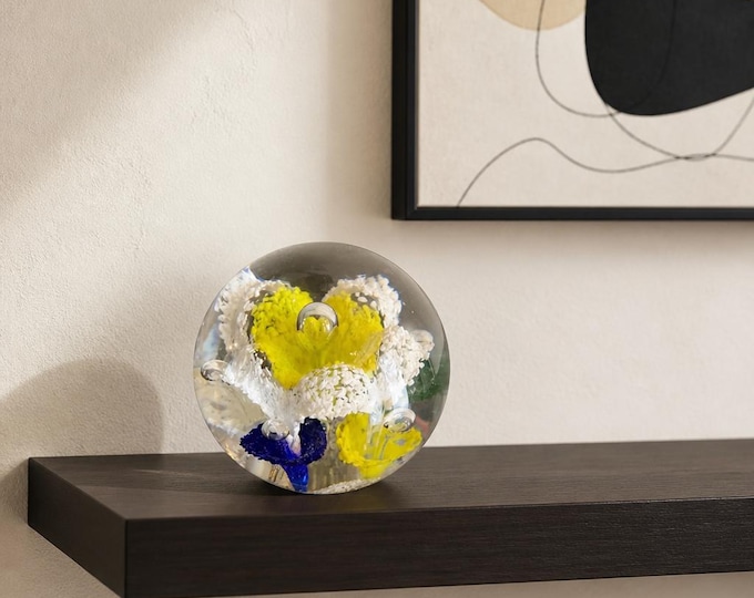 Vintage blown glass with bubble and yellow floral motif paperweight 3”x4”