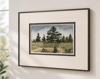 Etching- Signed/number 20 of 400 titled “Pines”.  Matted and framed.