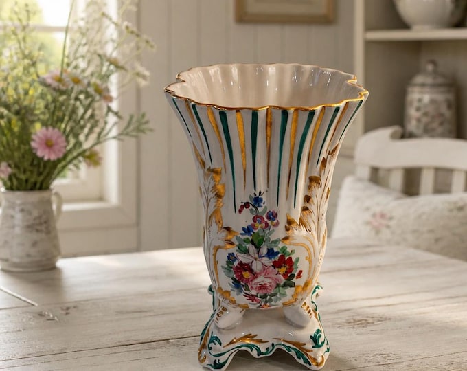 Rare Antique Amoges hand-painted porcelain vase with gold gilding 9.5”