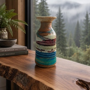 May include: A ceramic vase with a flared rim and a cylindrical body featuring horizontal bands of speckled beige, deep red, dark blue, and bright turquoise glaze. The surface has a textured, earthy appearance with visible color transitions.
