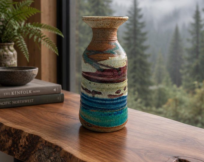 Vintage Klickitat Pottery wheel-thrown, multi-color slip decoration vase 6” x 3”