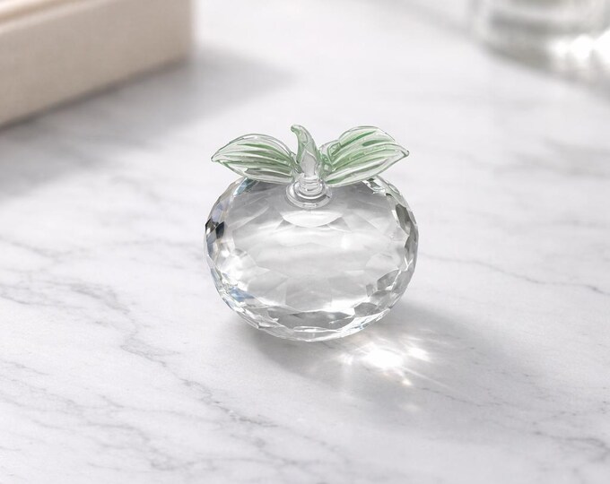 Vintage Austrian crystal faceted apple with green leaf/stem- 1.75” x 2”