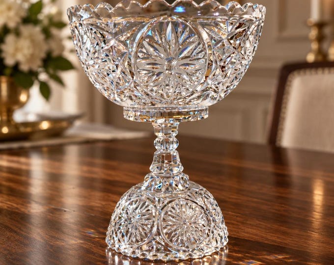 Vintage pressed glass fancy starburst/wheel pattern pedestal compote 8” x 6.25”