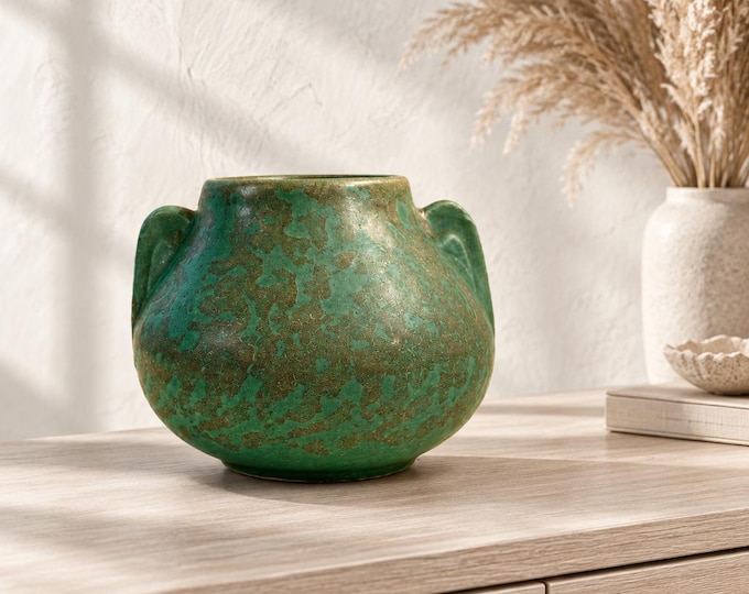 Vintage Brush McCoy green/gray mottled two-handle vellum pottery vase