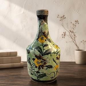 May include: A ceramic vase with a light green crackle glaze finish, featuring hand-painted yellow and brown floral motifs. The neck of the vase is decorated with a black and white geometric Greek key pattern, and the base is trimmed in black.