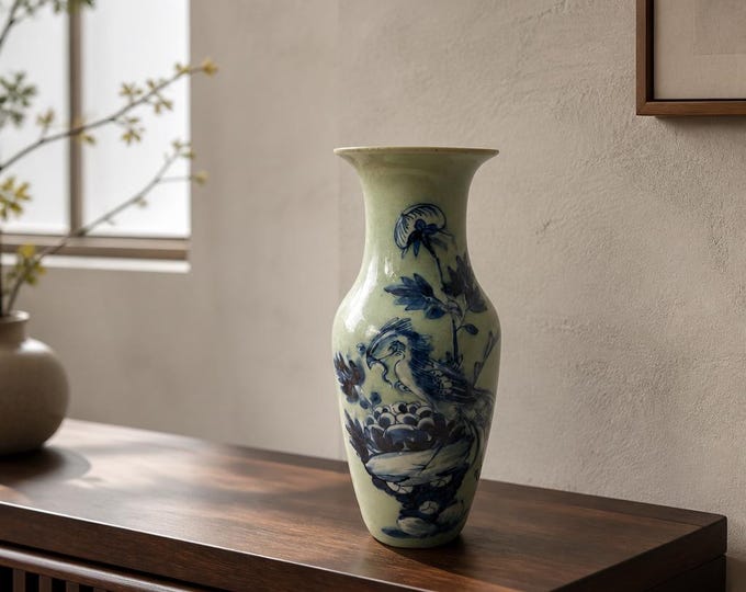 Qing Dynasty Chinese blue and white porcelain vase 9.5” x 4”