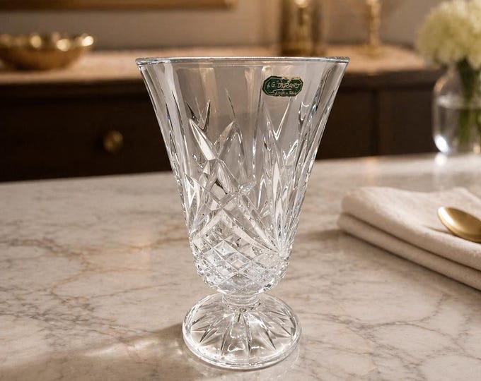 L G Durand Cut Crystal Pedestal Vase – Heavy Sparkly Glassware 8” x 5”