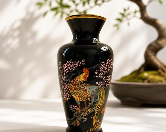 Vintage Japanese Norleans porcelain vase with rooster/hen cherry blossom motif 8”