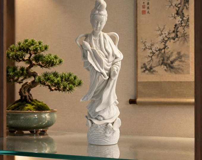 Vintage Chinese Blanc de chin Homco Guanyin porcelain figurine 12” x 4”