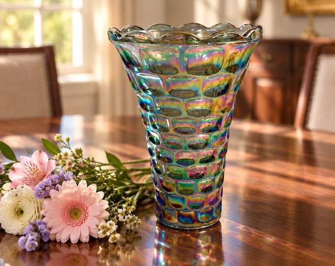 Vintage Federal Glass blue/purple carnival glass thumbprint vase 8.25 x 6.25”