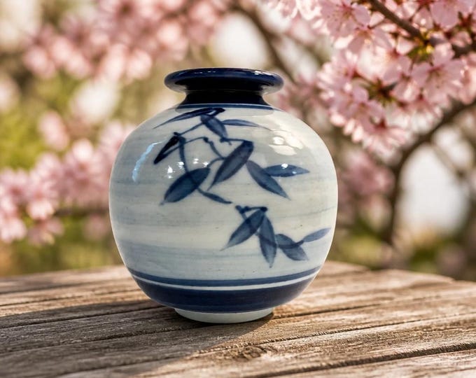 Vintage Japanese blue and white bamboo motif vase