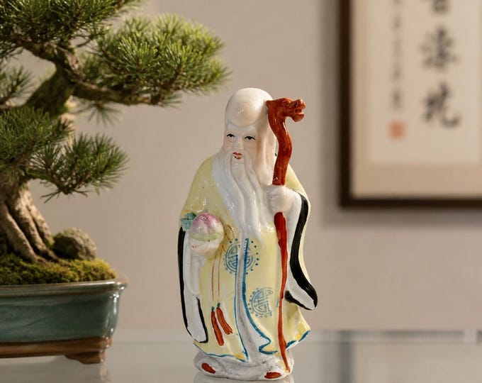 Vintage Shou Lao god of longevity porcelain figurine 6” x 3”