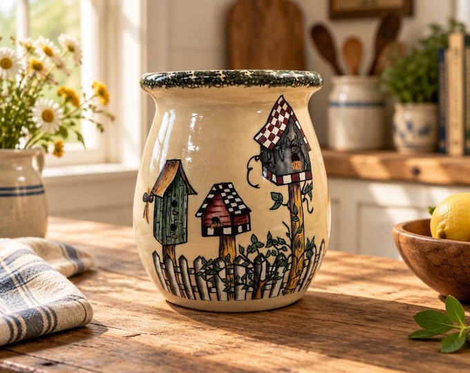 Vintage Home & Garden Party sponge ware crock with birdhouse theme 6” x 5.5”