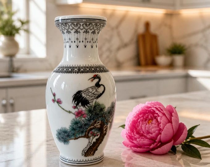 Vintage Chinese porcelain crane and pine vase 5.5” x 3”