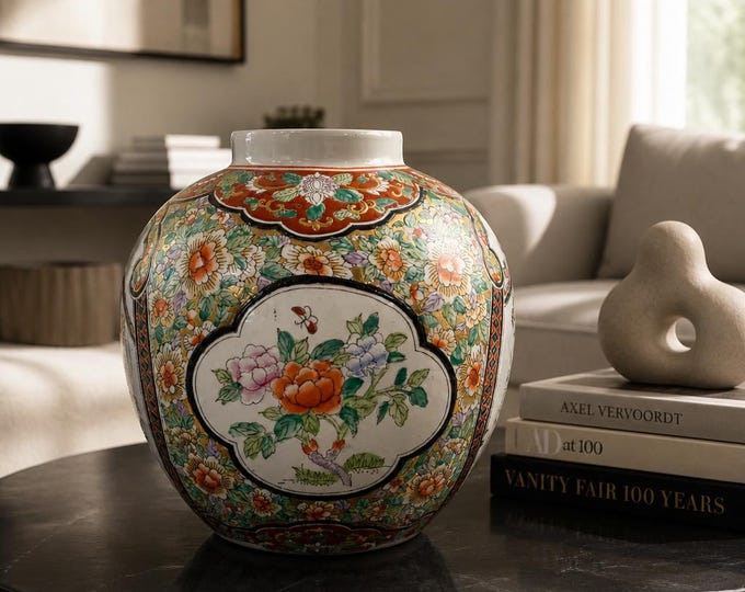 Vintage Chinese Famille Rose hand painted porcelain ginger jar 11” x 10”