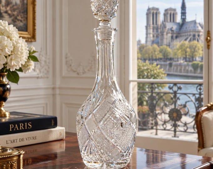 Vintage Bohemian cut crystal decanter 12” x 5”