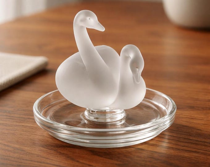 Vintage Lalique French double swan trinket or ring dish- 4” x 3.5”