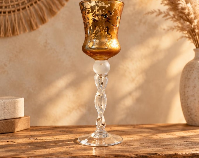 Amber Polish glass hurricane style candle holder with twisted stem 12” x 4”
