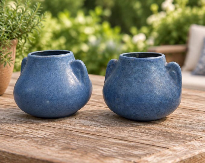 RARE Vintage Brush McCoy 1930’s blue vellum pottery vases with ear handles 5” x 6”
