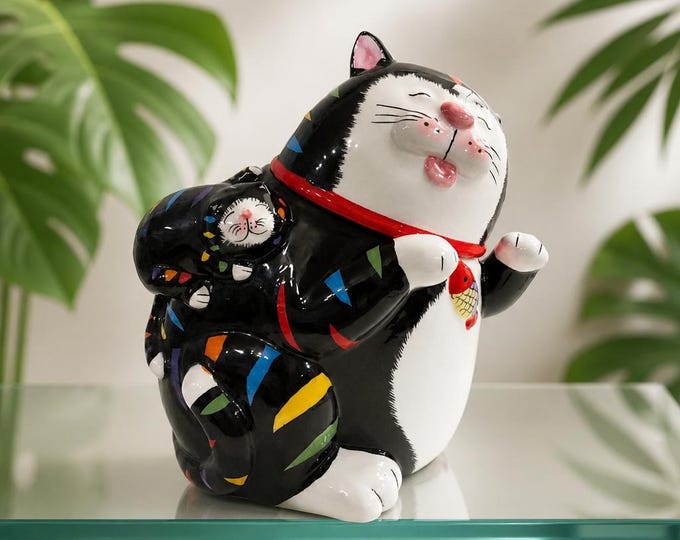 Vintage CKAO ceramic cat & kitten cookie jar 11” x 11”