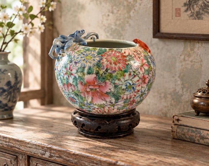 RARE vintage Chinese hand-painted famille rose dragon and bat porcelain jardiniere