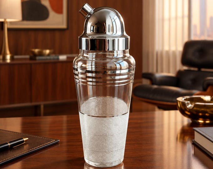 Vintage Art Deco frosted cocktail shaker with silver bands by Macbeth—Evans 12” x 5”