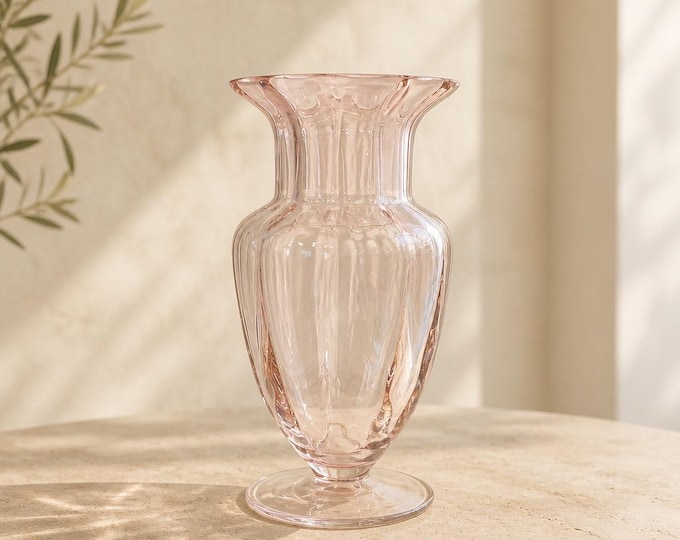 Vintage mid century Murano pink optic glass pedestal vase 10” x 5”
