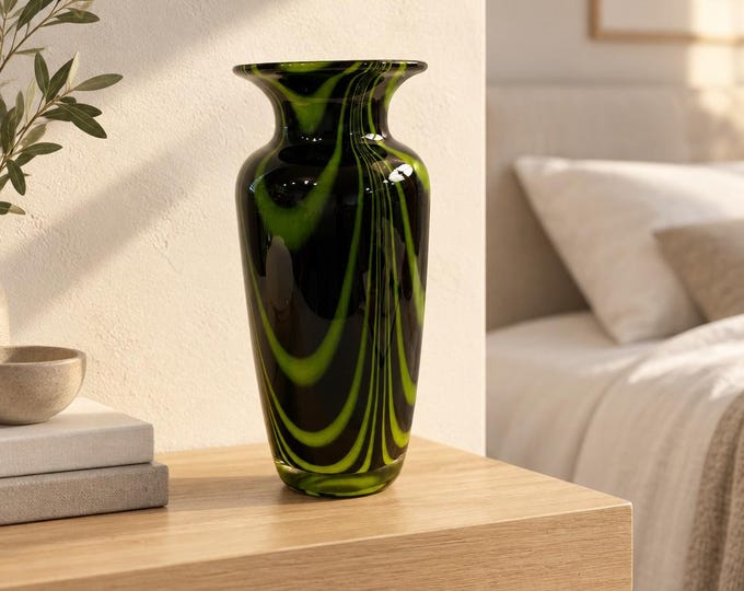 Vintage chartreuse hand-blown art glass vase with pulled feather detail 11.5” x 5”