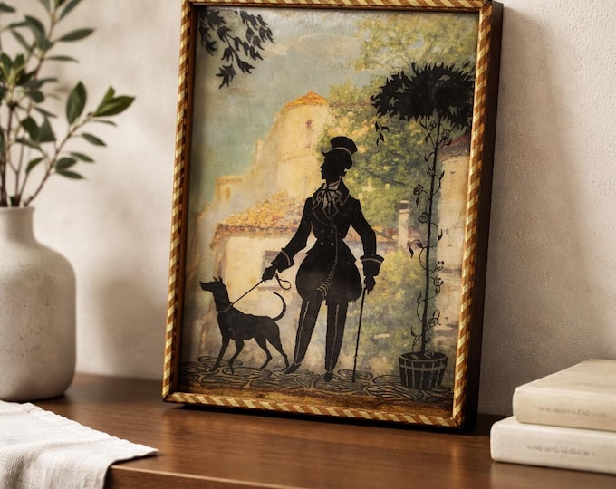 Antique reverse painting on glass, man walking dog- 8” x 6”