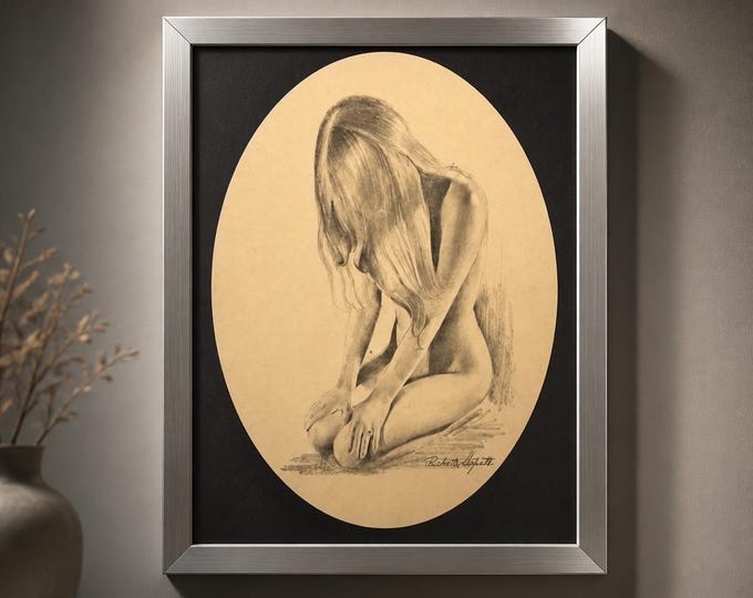 Signed Robert Lupetti half-tone print on paper “nude woman kneeling” 9”X11”
