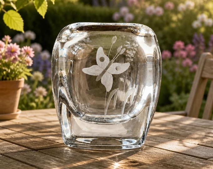 Vintage Swedish Strombergshyttan style etched art glass vase- 6” x 5.5”