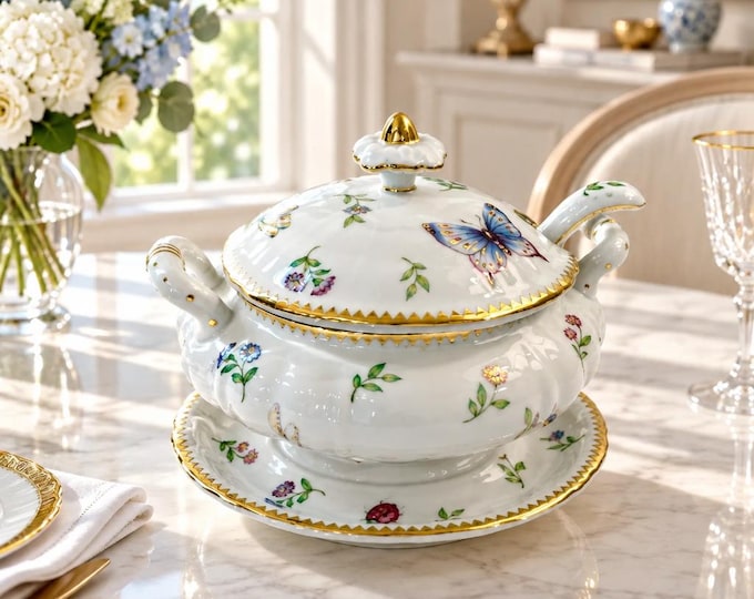 Vintage Godinger “Primavera” porcelain sauce bowl/tureen with underplate/ladle 6” x 7”