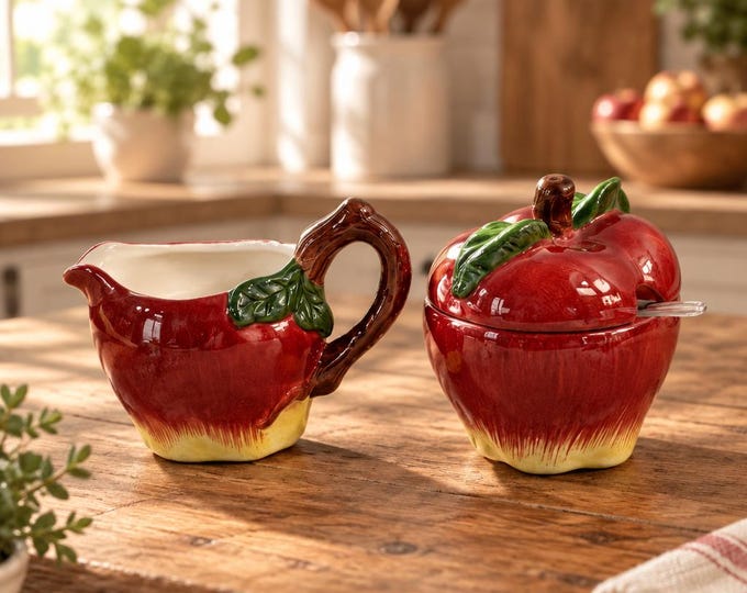 Vintage ceramic apple theme creamer and sugar set  5” x 5.5”