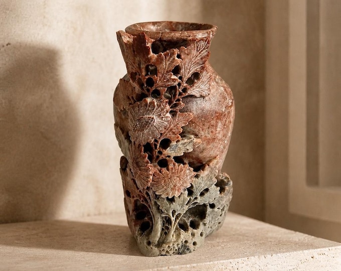 Vintage Chinese soapstone intricately carved vase 8” x 4”