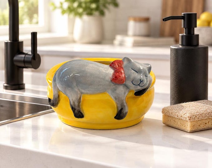 Vintage Ceramic sleeping cat planter/yellow dish 4” x 5.5”