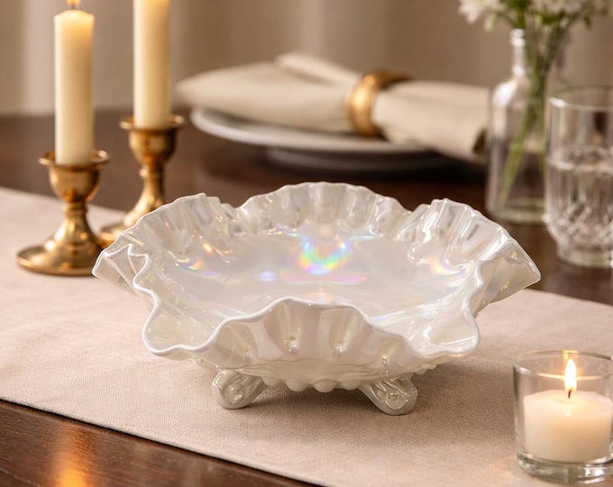 Vintage Fenton opalescent white milk glass footed compote/candy dish 8” x 3.5”