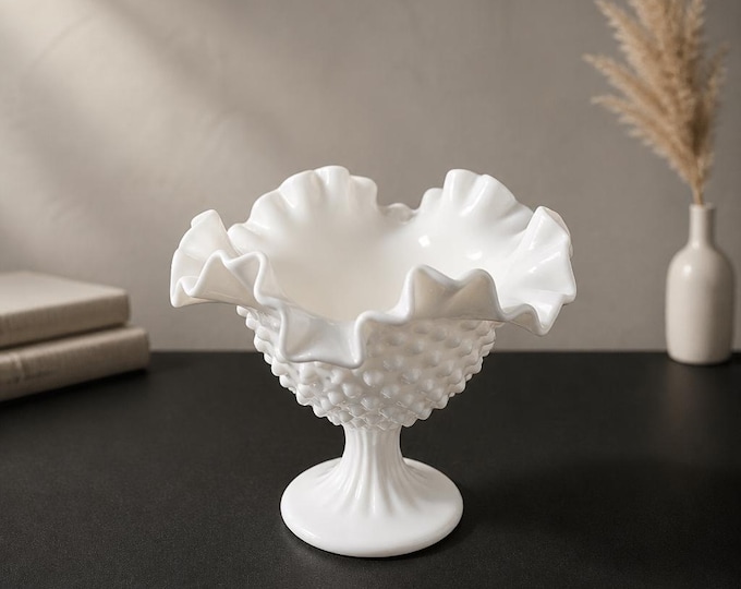 Fenton ruffle rim hobnail milk glass compote/candy dish 6.5” tall