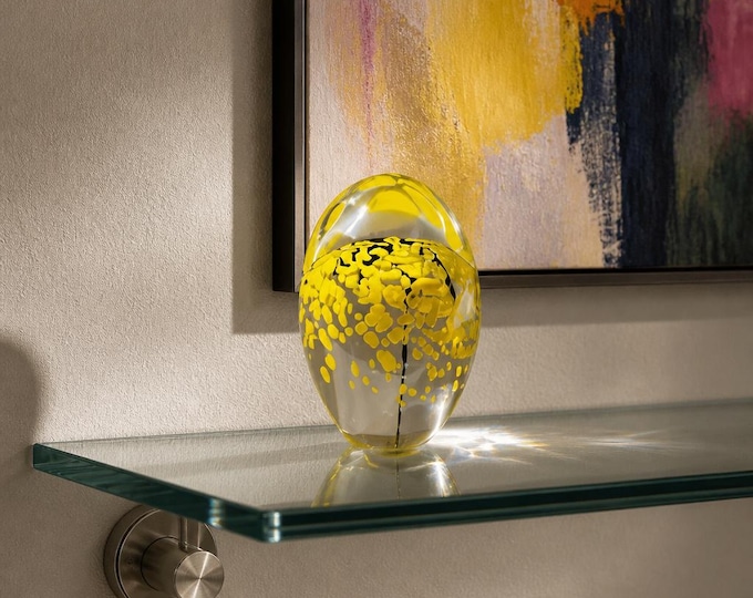 RARE Daum Crystal Egg Paperweight, Yellow Flower, Original Box