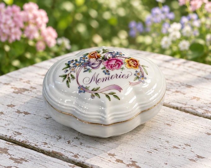 Vintage Avon “Memories” musical lidded porcelain trinket box- 1983 2.5” x 4.5”