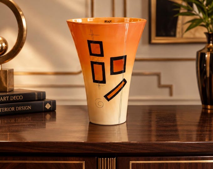 Vintage WOMAR Polish art deco orange glass vase geometric