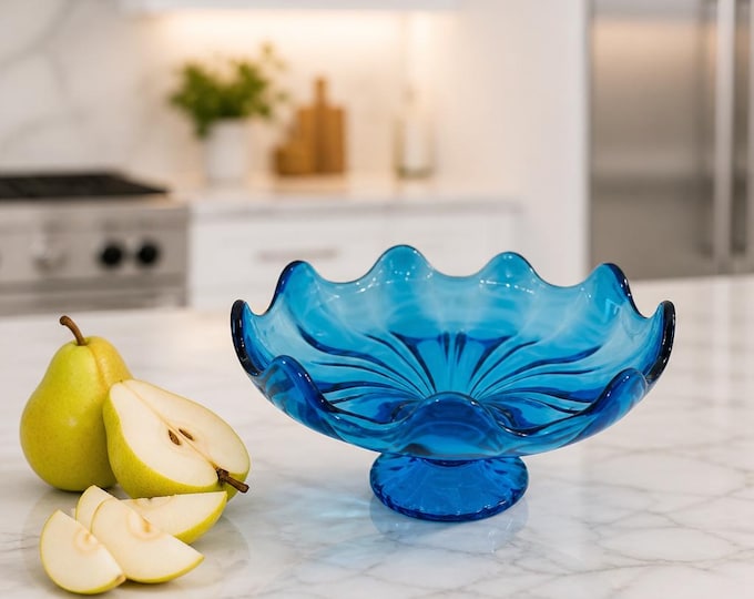 VIntage L E Smith Glass Co. peacock blue ruffled compote dish 8” x 4”