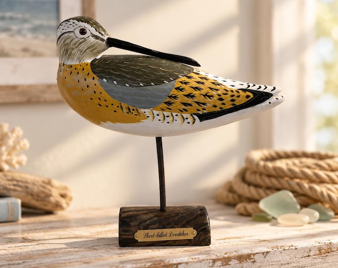 Vintage hand-painted folk art wooden Short-billed Dowitcher on stand 9” x 8”