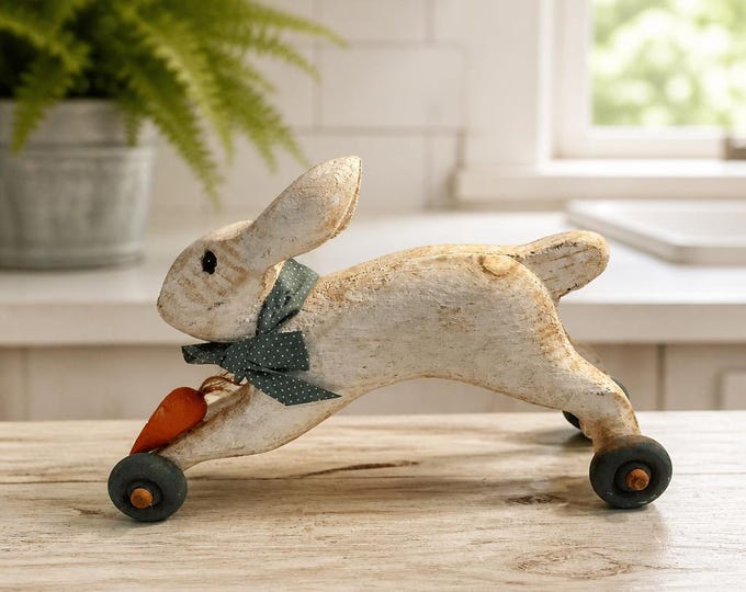 Vintage folk art wooden rabbit on wheels with carrot 6.5” x 10.5”