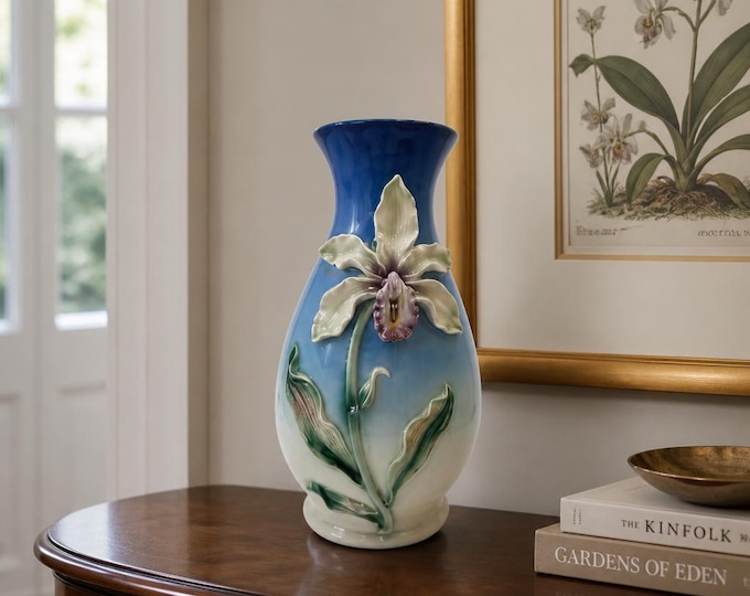 Vintage Franz Collection sculpted porcelain orchid vase 15" tall figurine