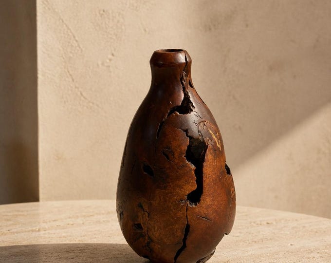 Vintage hand-turned burl wood bulbous bud vase 8” x 5”