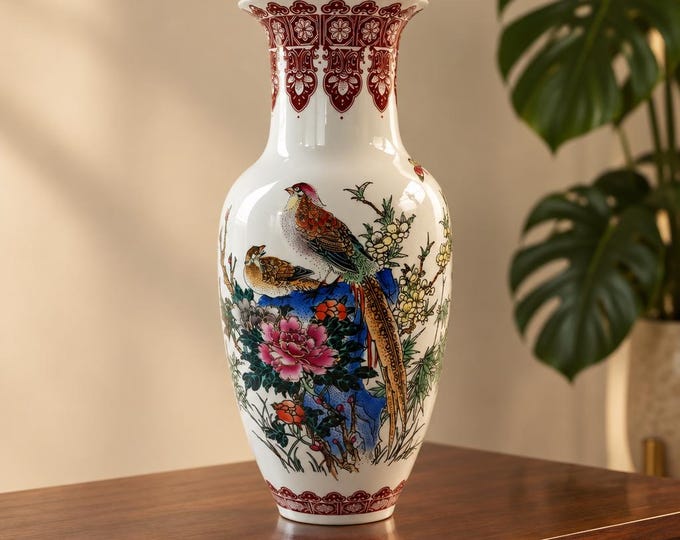 Vintage Chinese porcelain hand painted vase with birds and peonies 14”