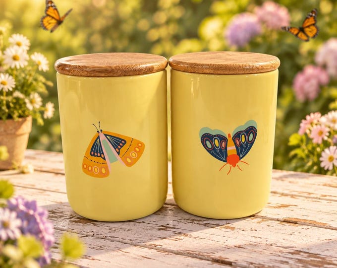 Vintage set of Culturefly ceramic canisters with butterfly motif 5” x 3.5”
