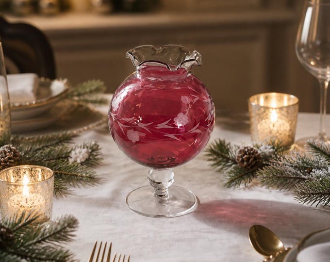 Vintage cranberry etched glass pedestal vase/bowl with ruffle rim 8” x 6”