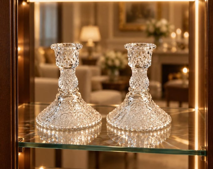 Duncan & Miller “sandwich” pattern clear pressed glass candlesticks 4.5”